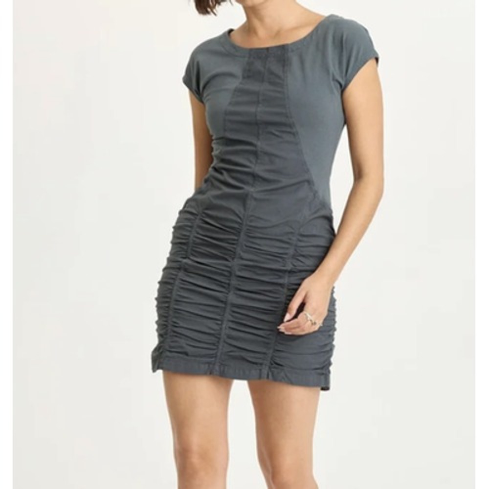 XCVI Wearables Dress Womens Large Aviana Gray Ruched Sheath Poplin Artsy Mini
